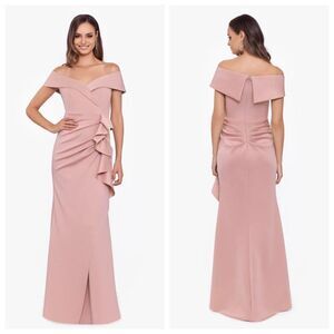 XSCAPE Scuba Off The Shoulder Gown Maxi Dress Ruffle Rose Blush Pink Size 16 NWT